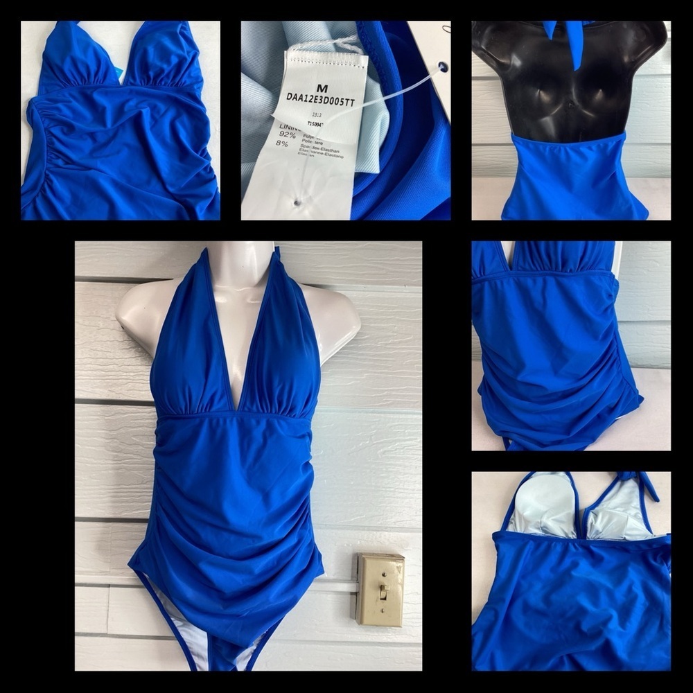 Royal blue halter top one piece swimsuit. - Picture 2 of 4
